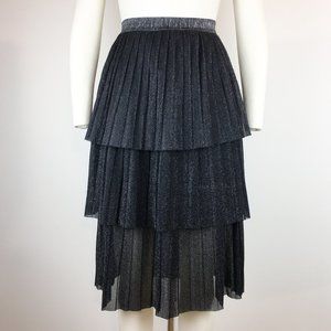 Zara Black Metallic Pleated Tiered Skirt